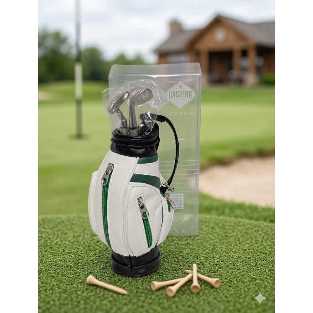 New Golf Pen Set, White & Green Bag 3 Ink Colors Novelty Gift Father's Day, Dads